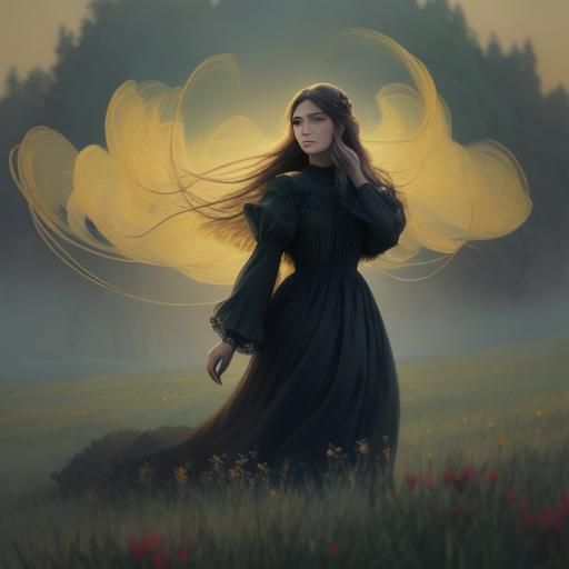 Ethereal Woman in Meadow: Symbolist Art