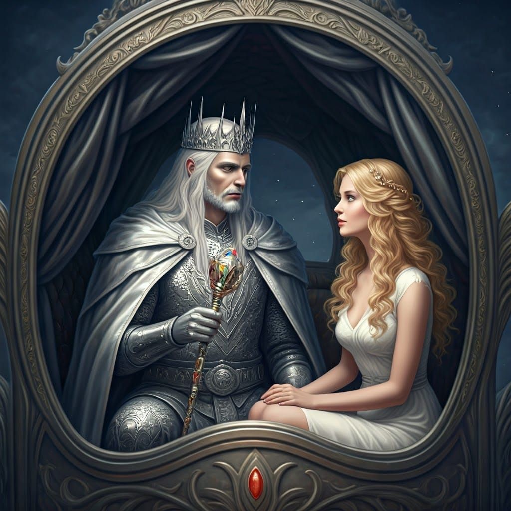 Ethereal Silver King Gazes at Enchanting Companion Under Sta...