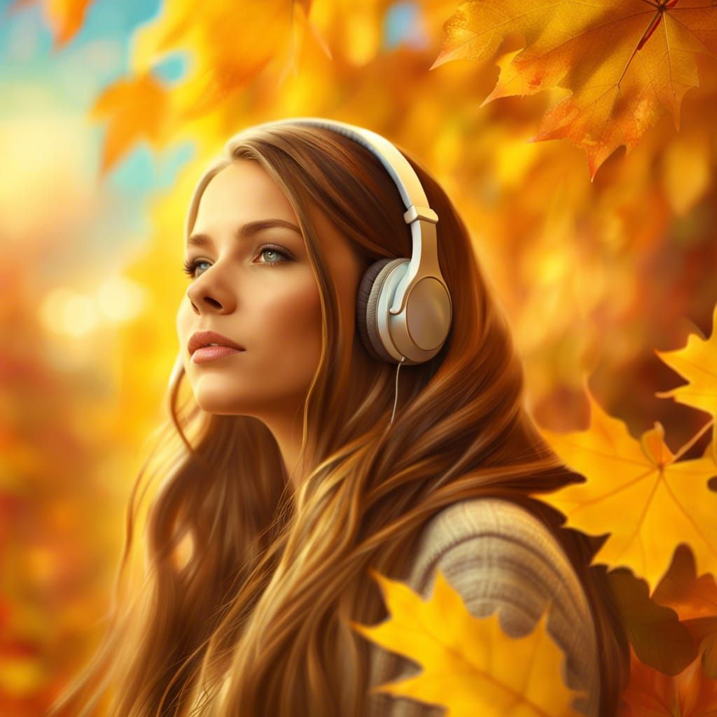 Dreamy Woman Listening to Music Amidst Autumn Leaves