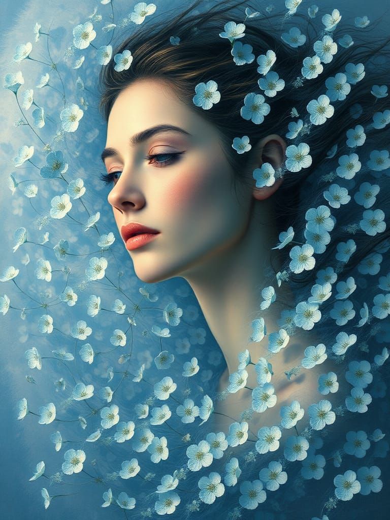 Ethereal Woman in a Swirling Sea of Flowers