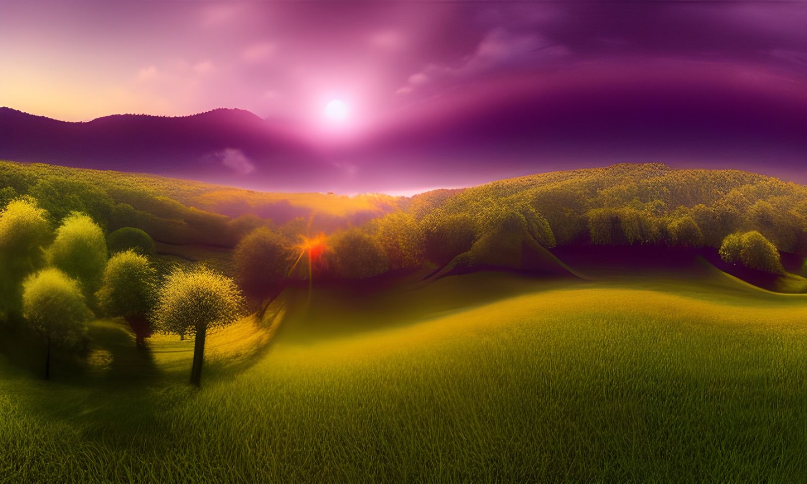 Pastel Orchard Valley Panorama in Digital Art Style