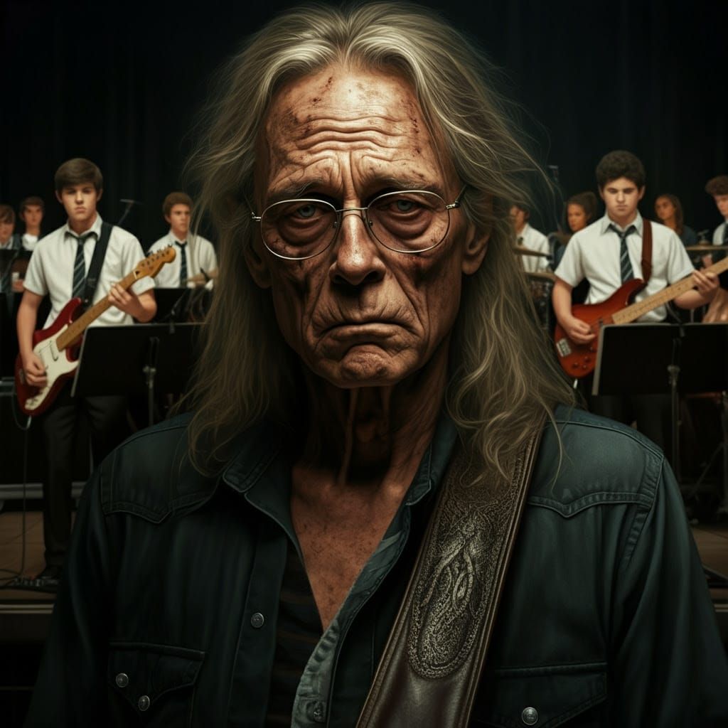 Weary Rockstar Surrounded by Youthful Energetic Band Members