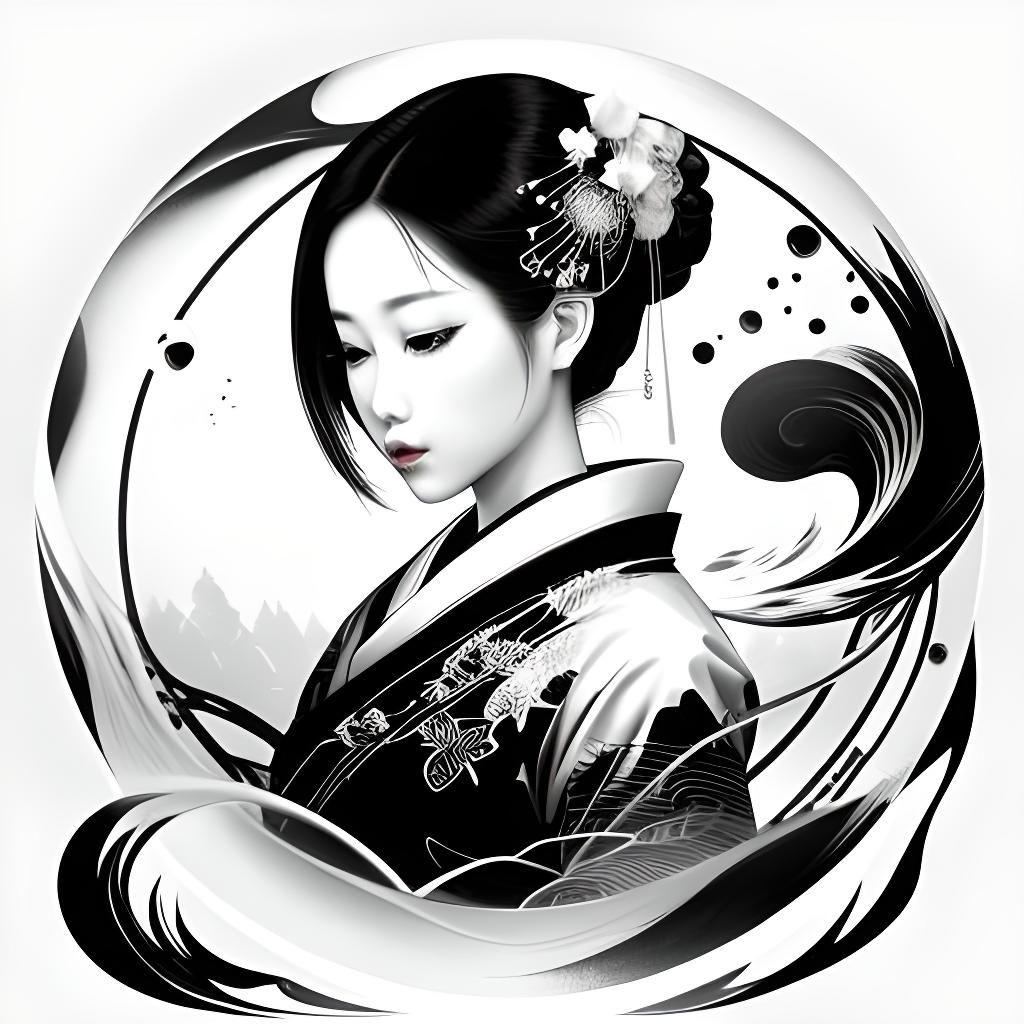 Geisha Portrait in Modern Ink Fusion Art
