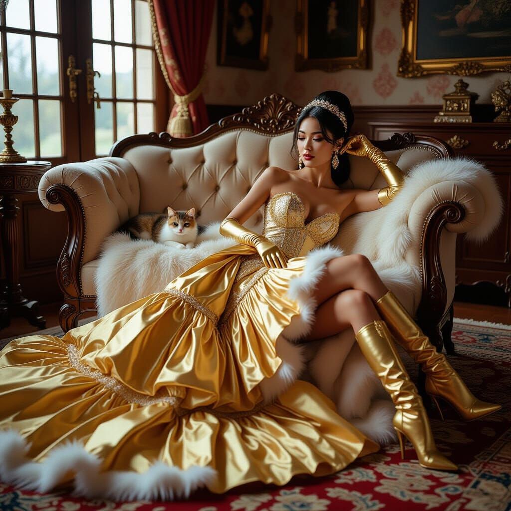 Asian Woman in Gold Gown with Kitten in Castle