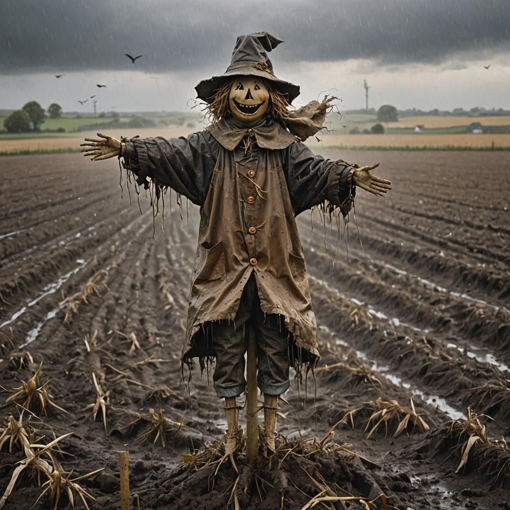 Photorealistic Scarecrow in Rainy Windswept Field
