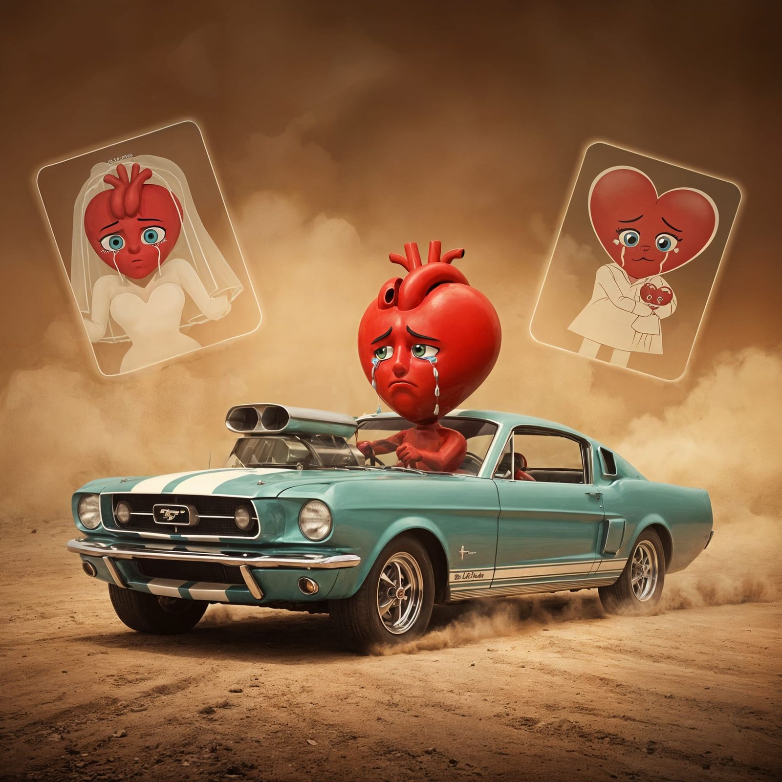 Sad Heart Drives Teal Muscle Car