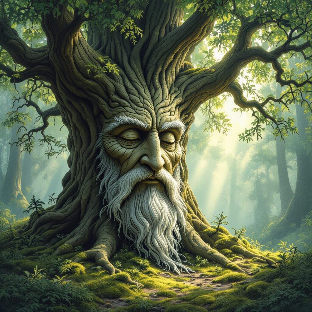 Mystical Old Tree with Carved Face, Hyperrealistic Fantasy A...