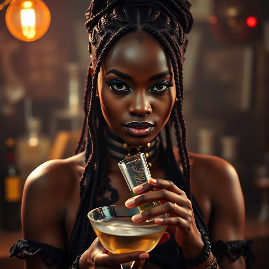 Hyperrealistic Black Female Mixologist in Cinematic Style