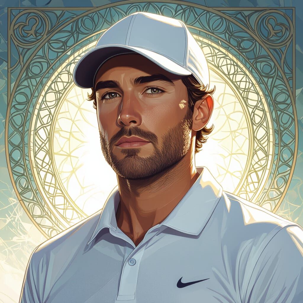Hyperrealistic Portrait of Golfer in Alphonse Mucha Style