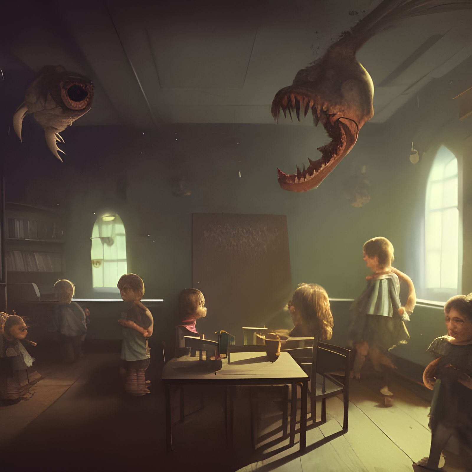 Creepy Preschool Classroom in Dark Fantasy Style