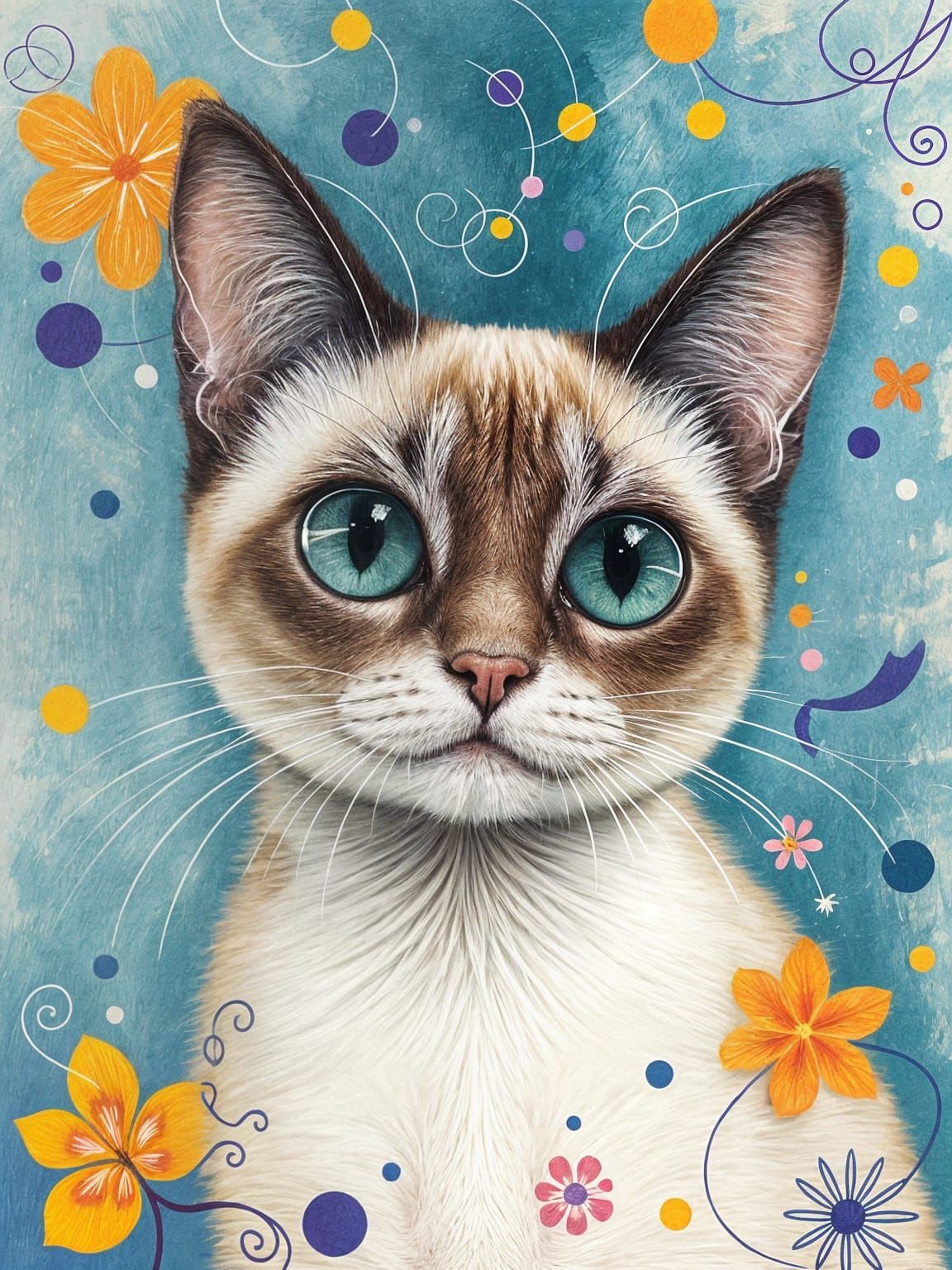 Whimsical Siamese Cat Portrait in Pastel Hues
