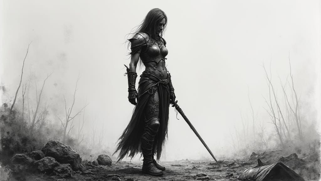 Defeated Female Warrior on Desolate Battlefield