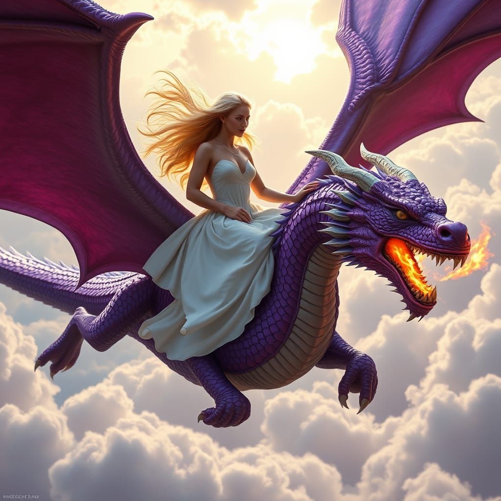 Majestic Blonde Woman Rides Fiery Purple Dragon Through Turb...