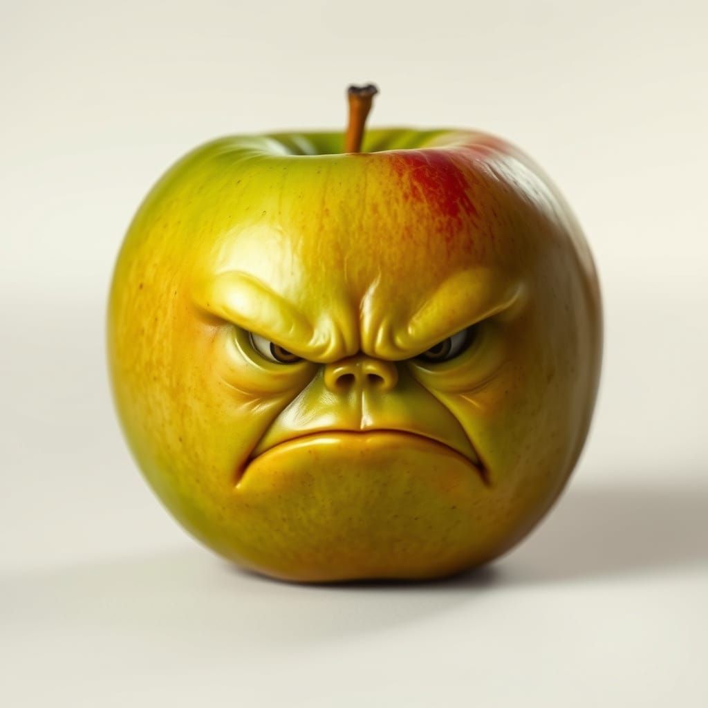 Hyperrealistic Green Apple with Sour Expression