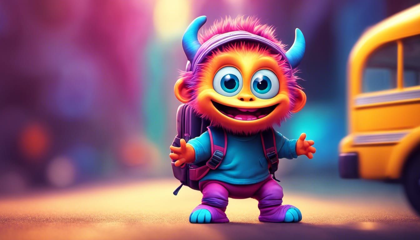 Cute Baby Monster Boards School Bus in Futurism Style