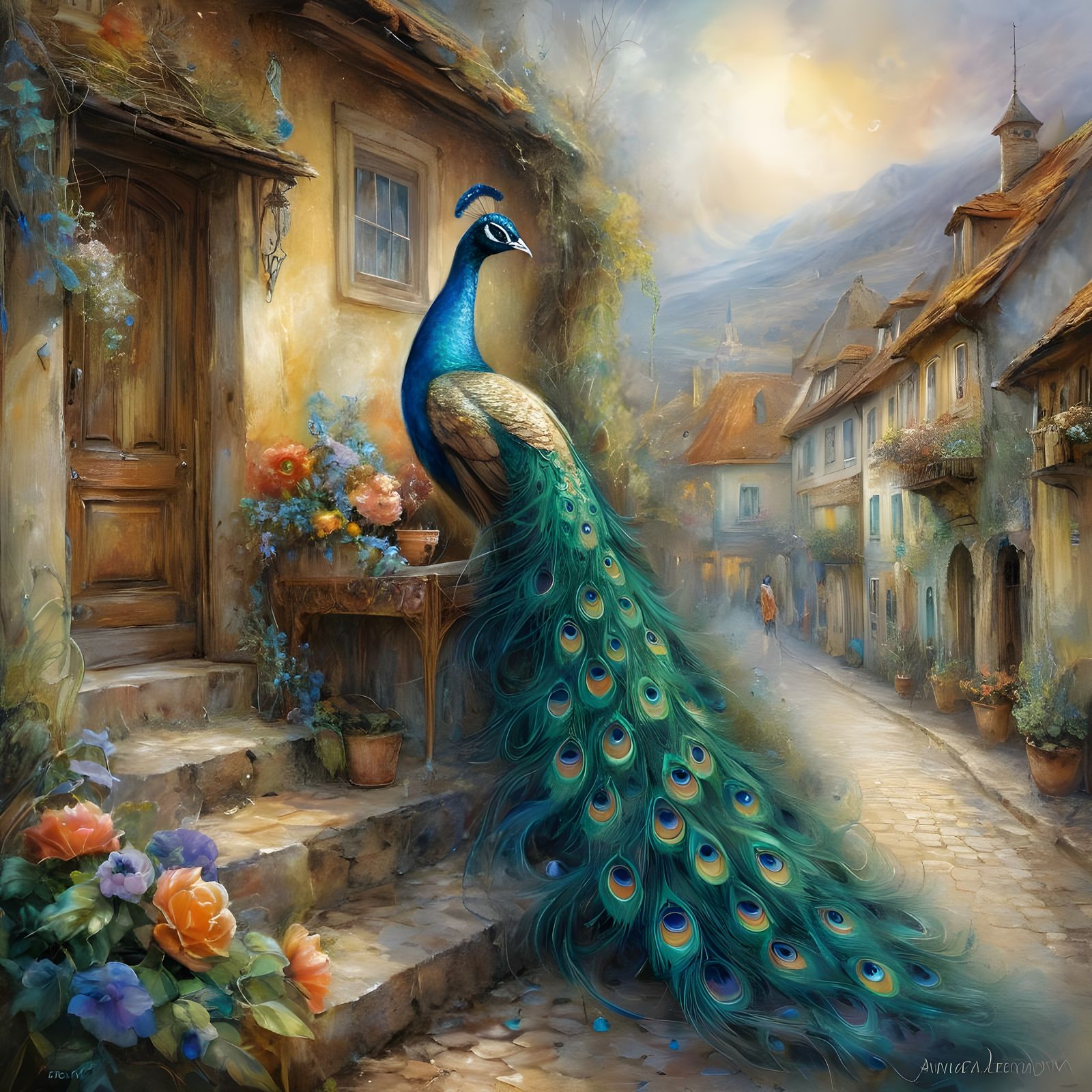 Surreal Peacock Spreads Colours in Whimsical Village Setting