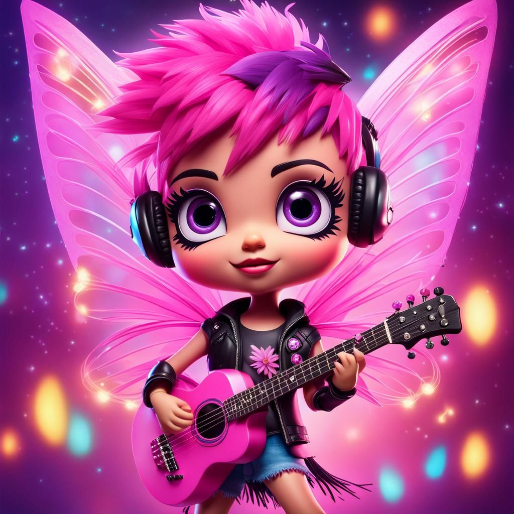Punk Rock Fairy with Electric Guitar and Pastel Flowers