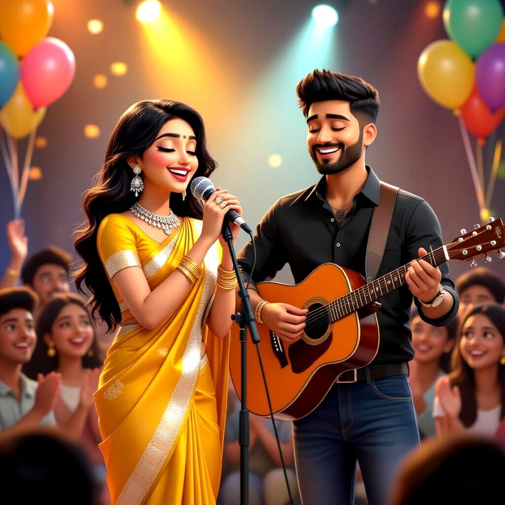Indian Couple Singing on Stage in Cinematic Render