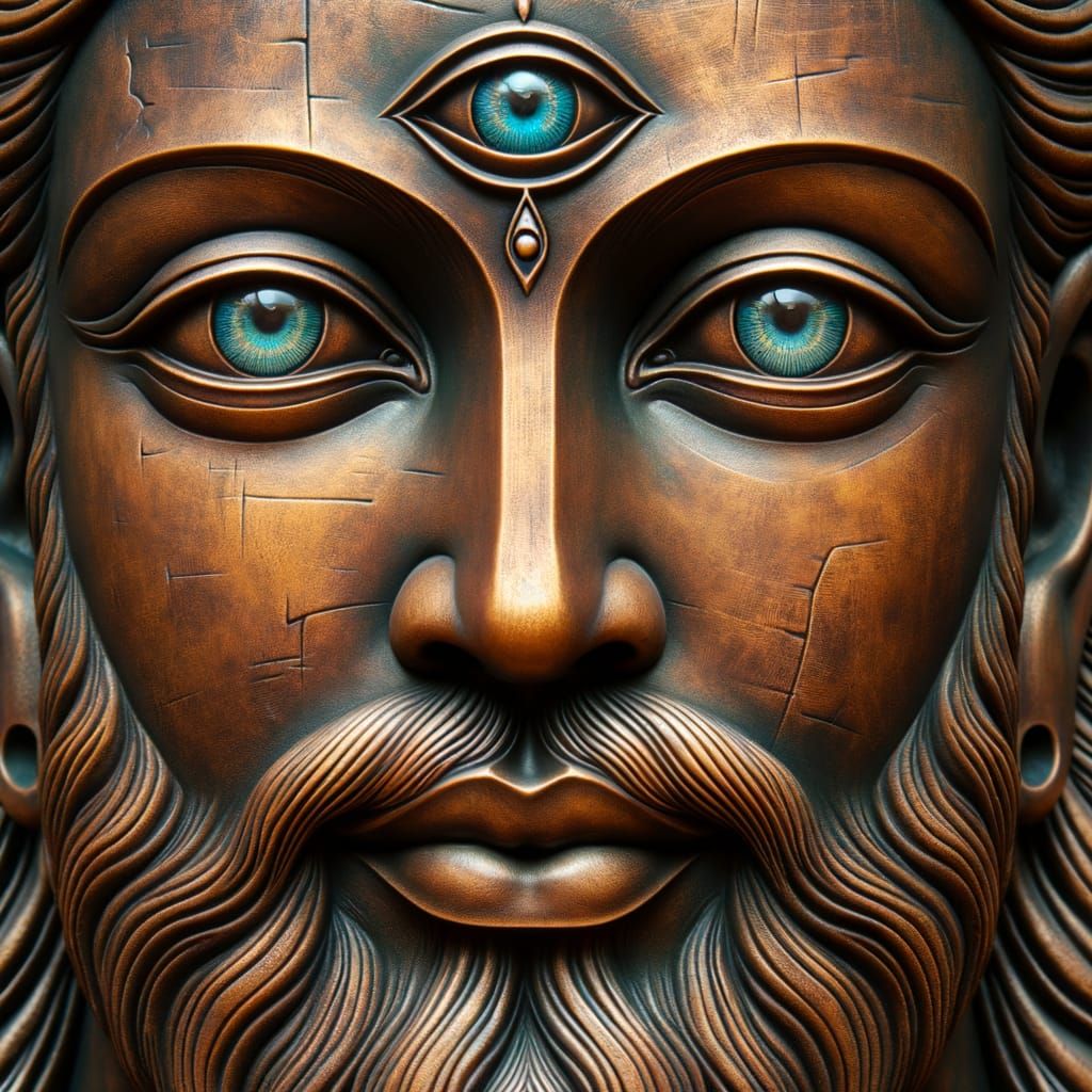 Electric Bronze Religious Figure with Azure Eyes