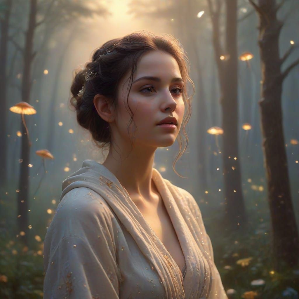 Ethereal Woman in Dreamy Forest, Kinkade Style