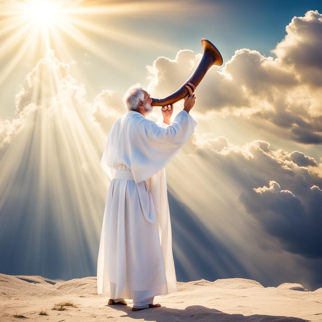 Man in White Robes Playing Shofar in Divine Light