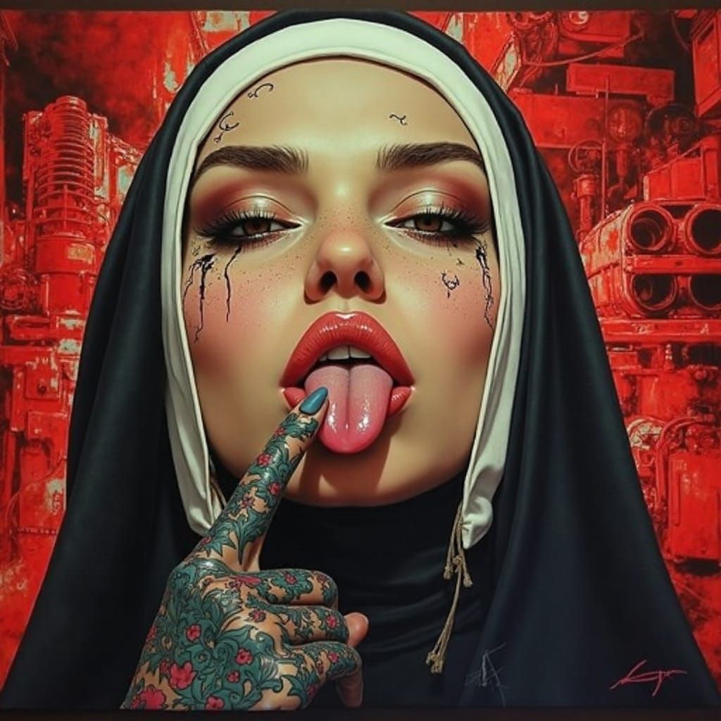 Mischievous Nun with Tattoos in Dieselpunk Style