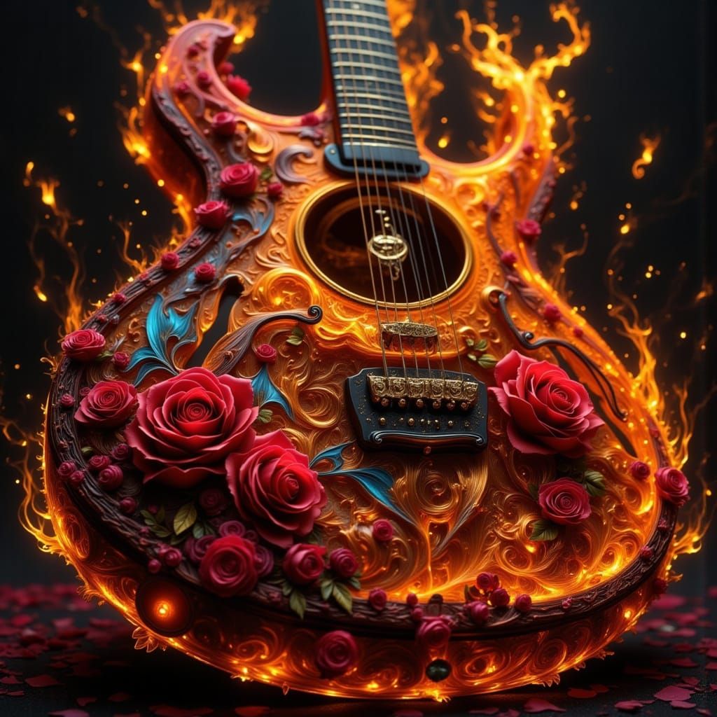 Fiery Guitar with Roses in Oil Paint Style