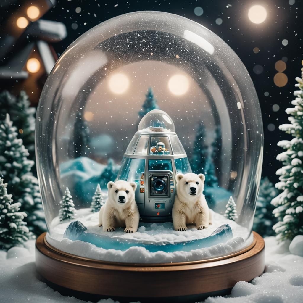 Polar Bears Pilot Spaceship Snowglobe: Cinematic Film Still