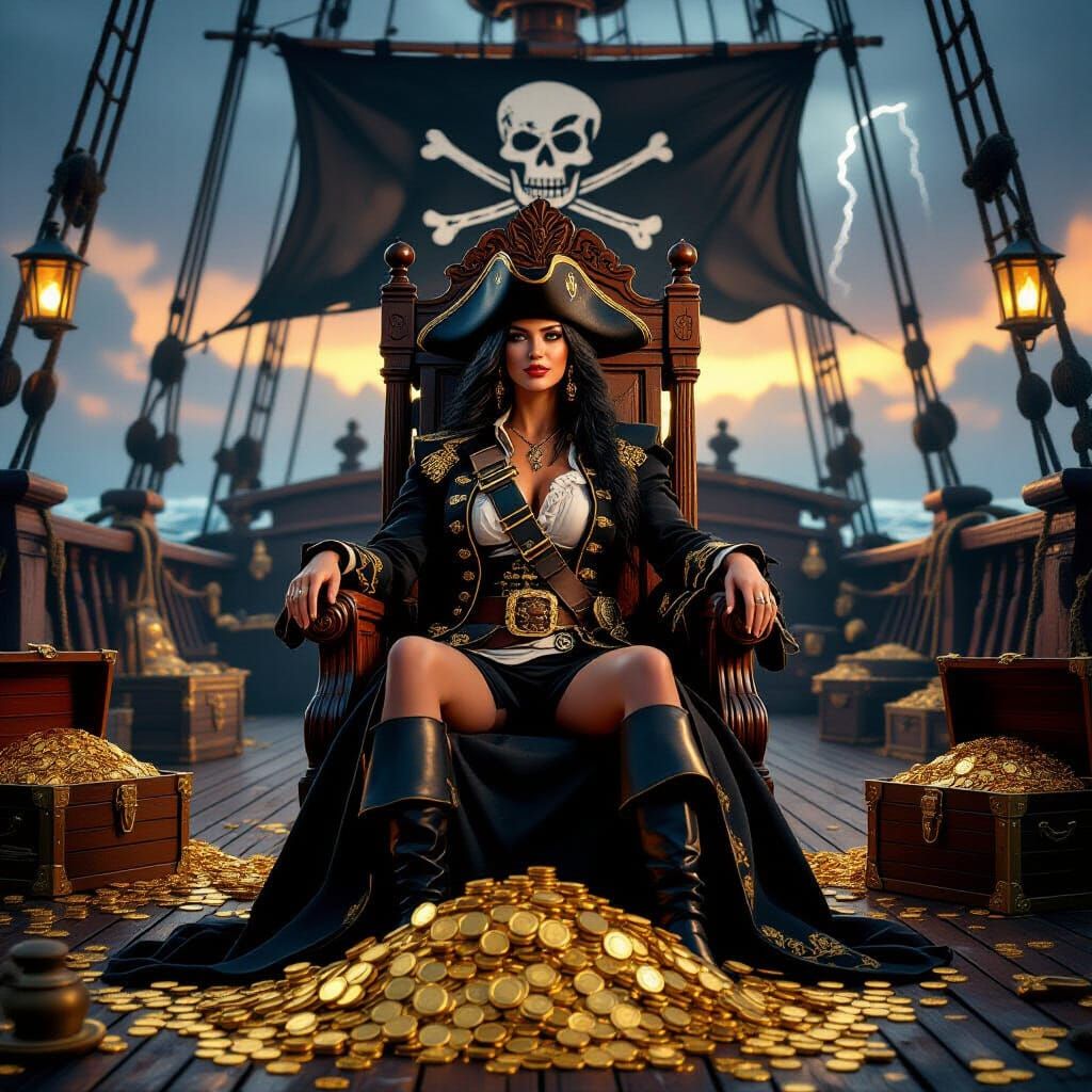 Female Pirate Captain Rests on Treasure Throne