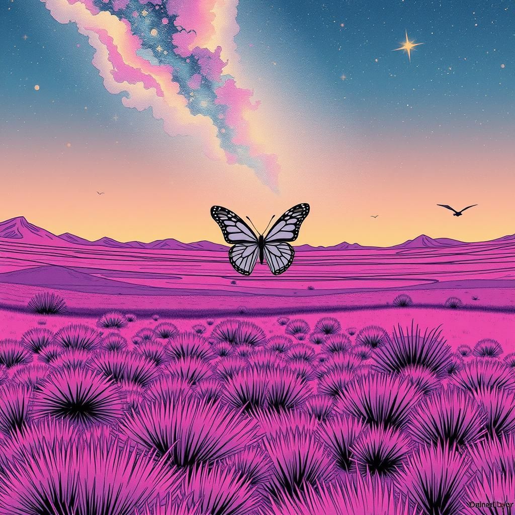 Surreal Butterfly in Ultraviolet Desert Landscape