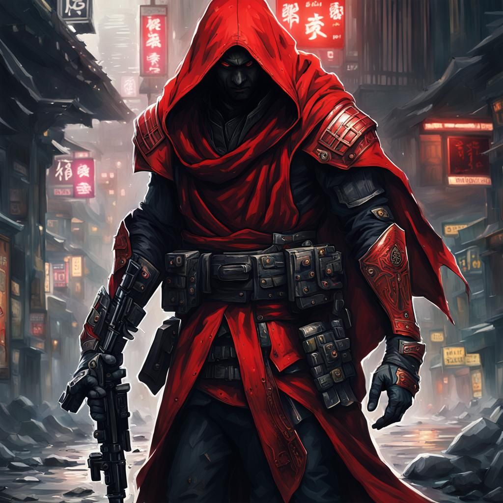 Cyberpunk Monk Soldier in Red Robe and Armor