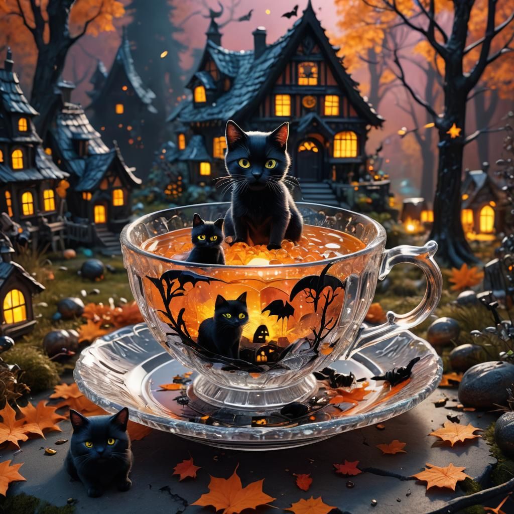 Magical Halloween Village Inside Crystal Teacup