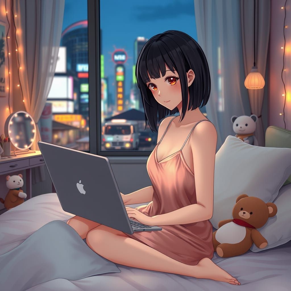 Anime Woman in Tokyo Bedroom at Night