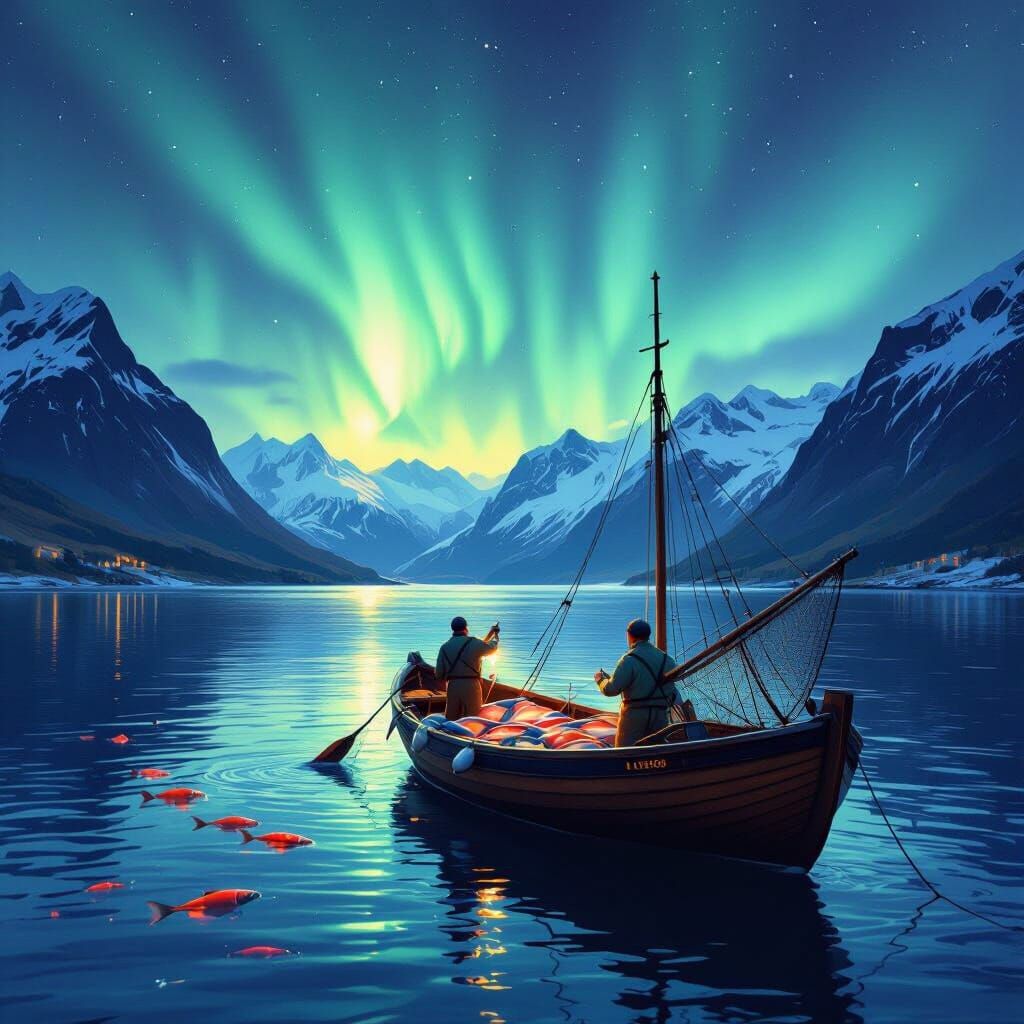 Aurora Borealis Over Norwegian Fjord with Fishing Boat