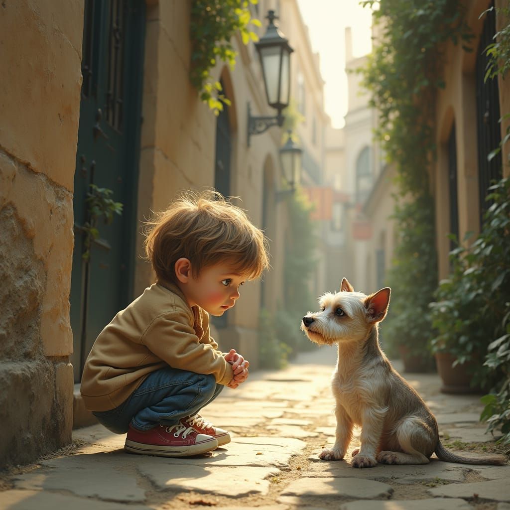 Child and Dog in Old City Alleyway, Cinematic Realism