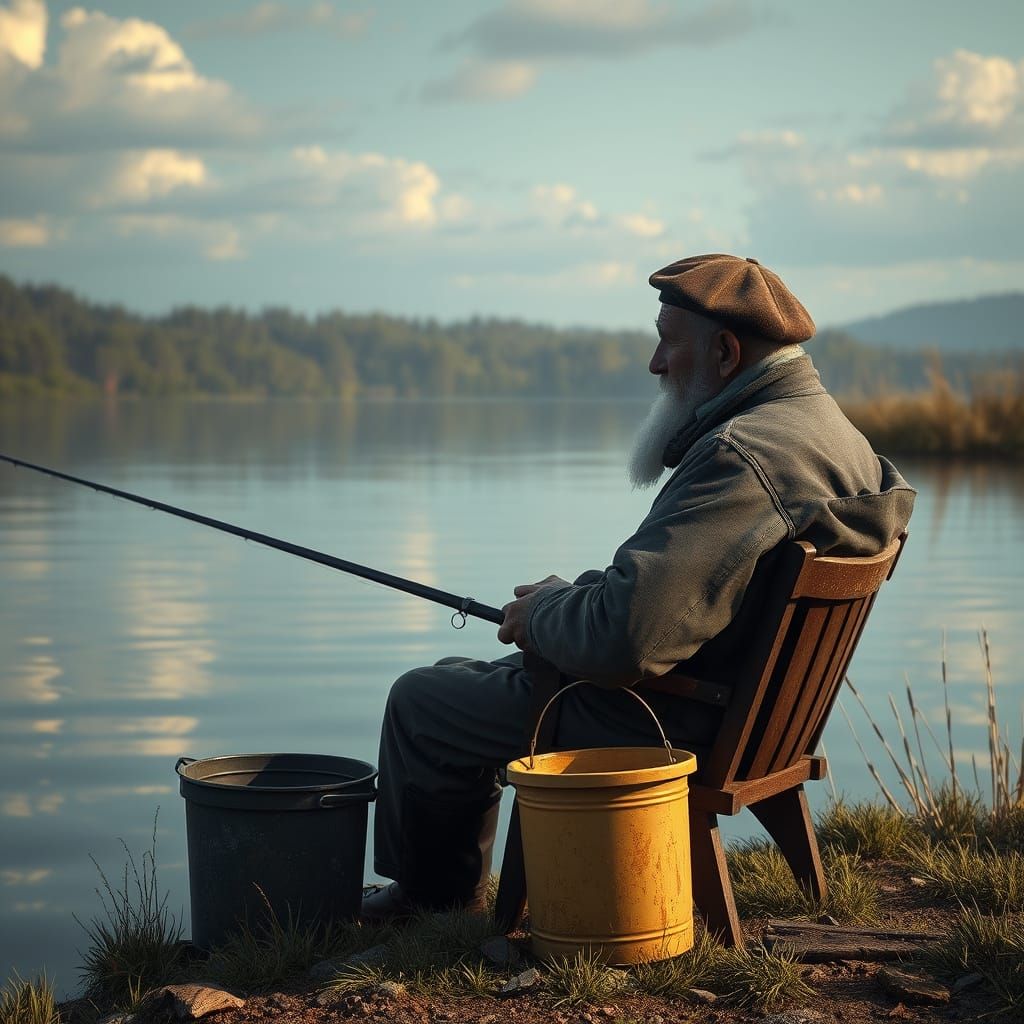 Old Fisherman's Solitary Happiness by Tranquil Lake