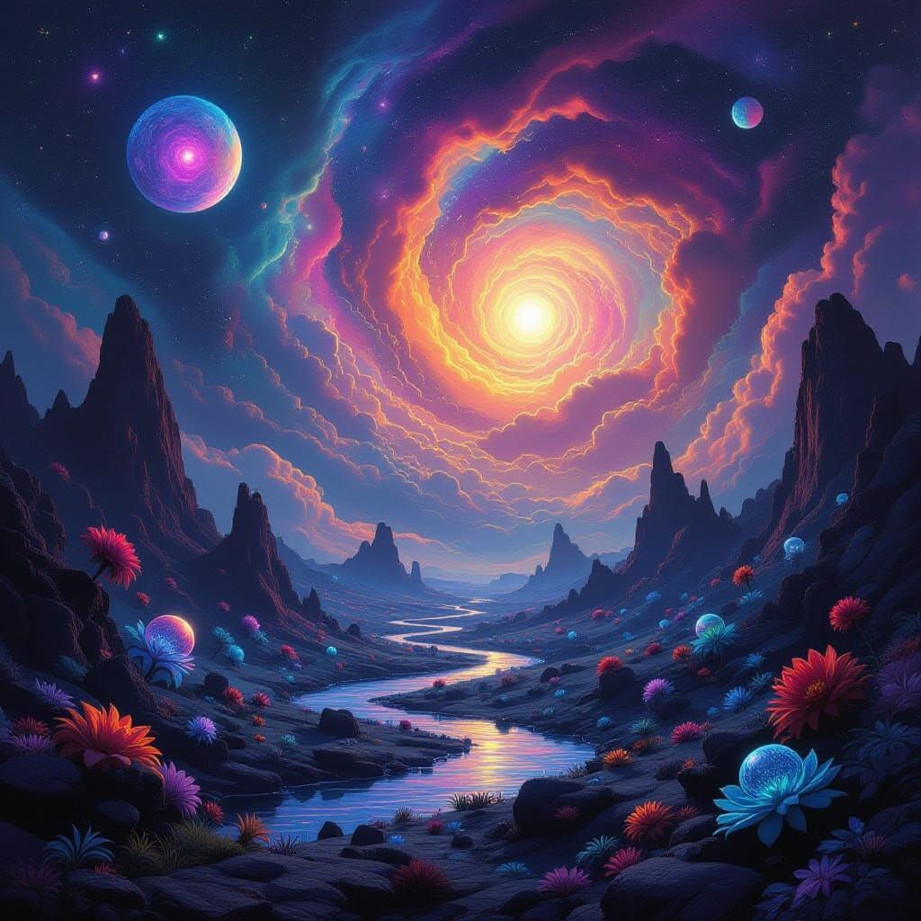 Alien Landscape with Bizarre Bioluminescent Creatures