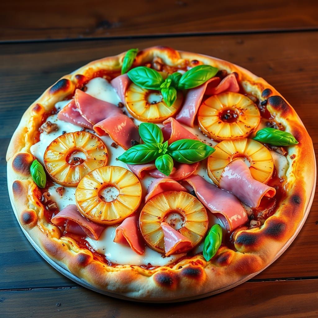 Appetizing Hawaiian Pizza in Neon Digital Art Style