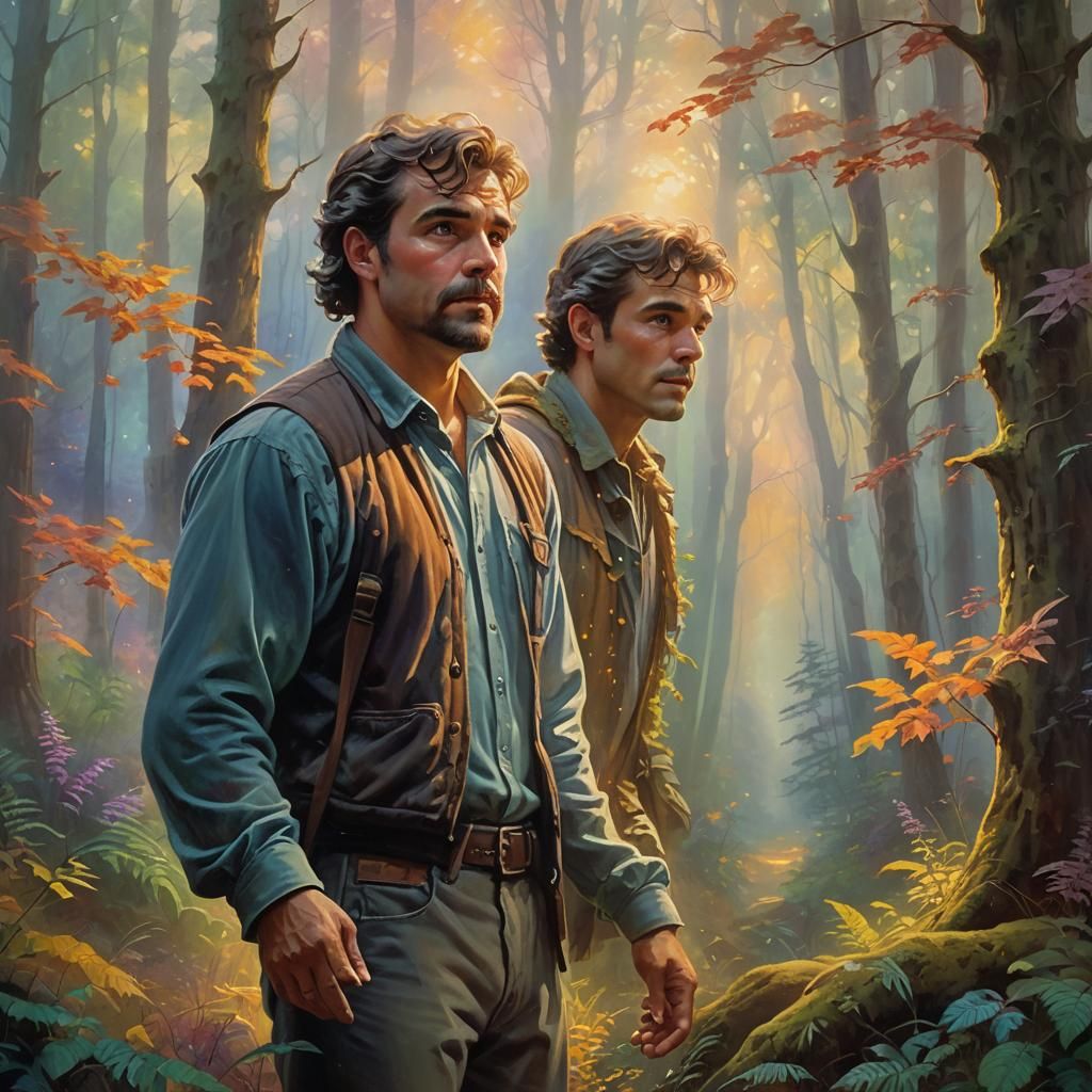 Ethereal Man in Colorful Forest, Oil Painting