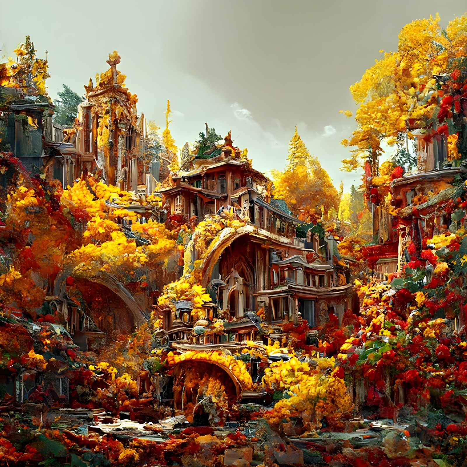 Medieval Honeycomb Manor in Autumnal Landscape