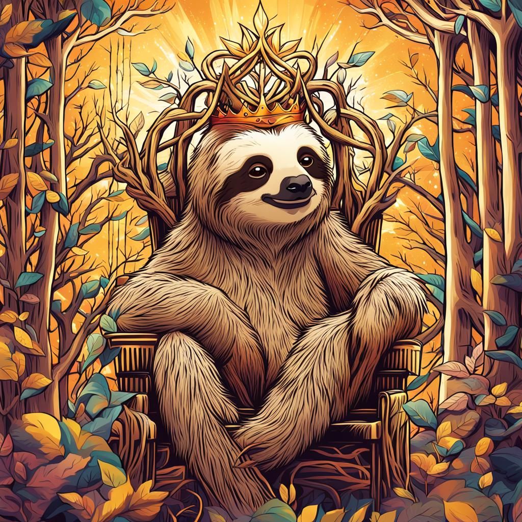 Sloth King on Branch Throne: Anime Illustration