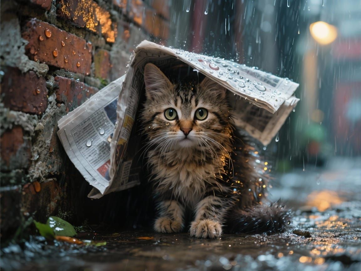 Photorealistic Kitten Hiding from Intense Rain Shower