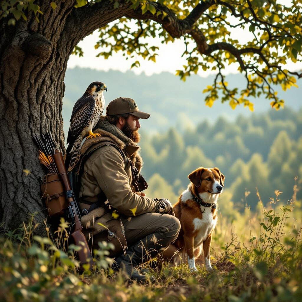 Hunter With Falcon and Dog in Forest Setting