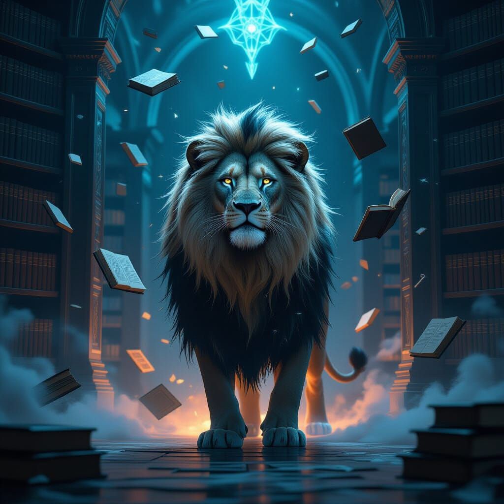 A majestic lion with a shimmering mane, standing guard at th...