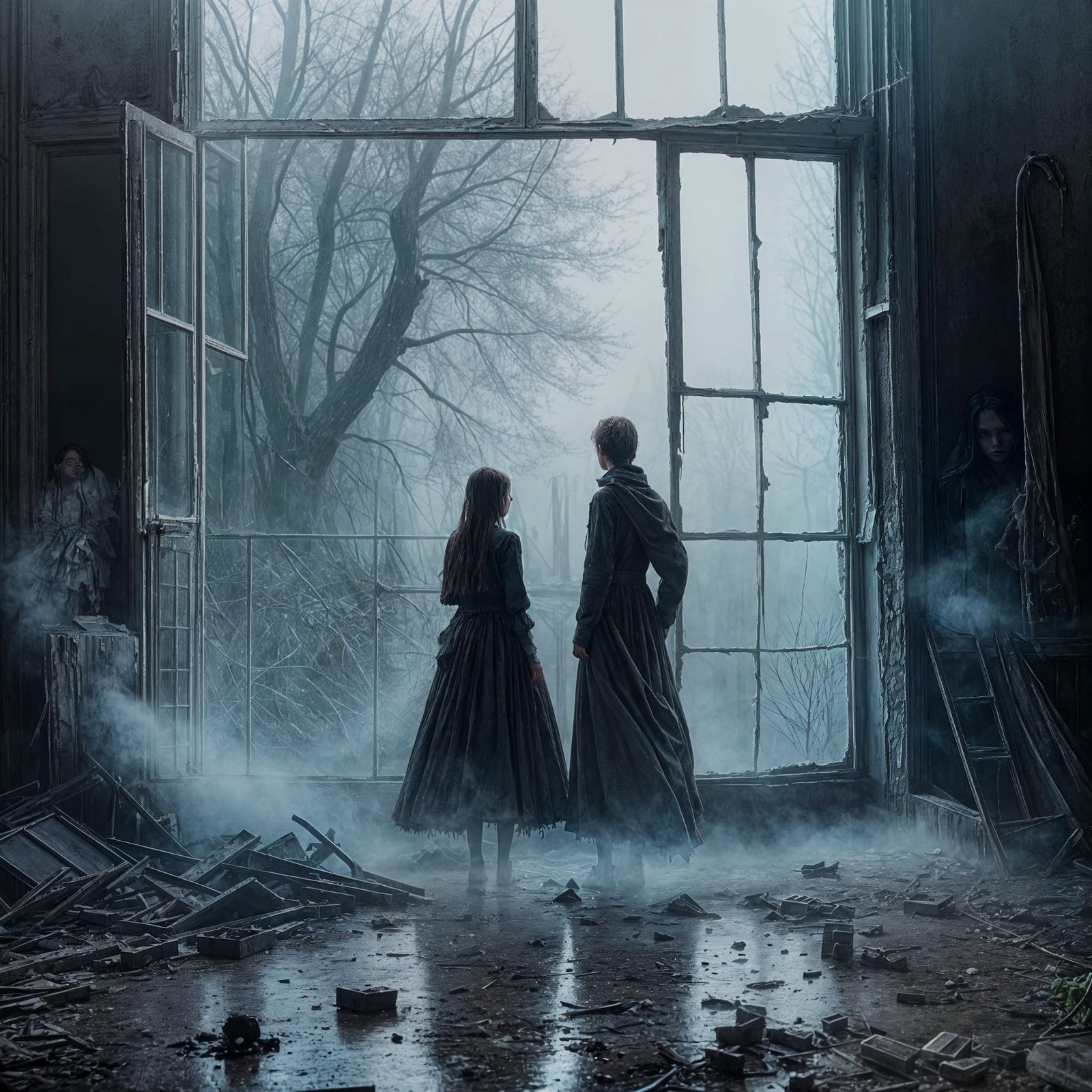 Horror Scene: Kids Outside Witch's House in Fog