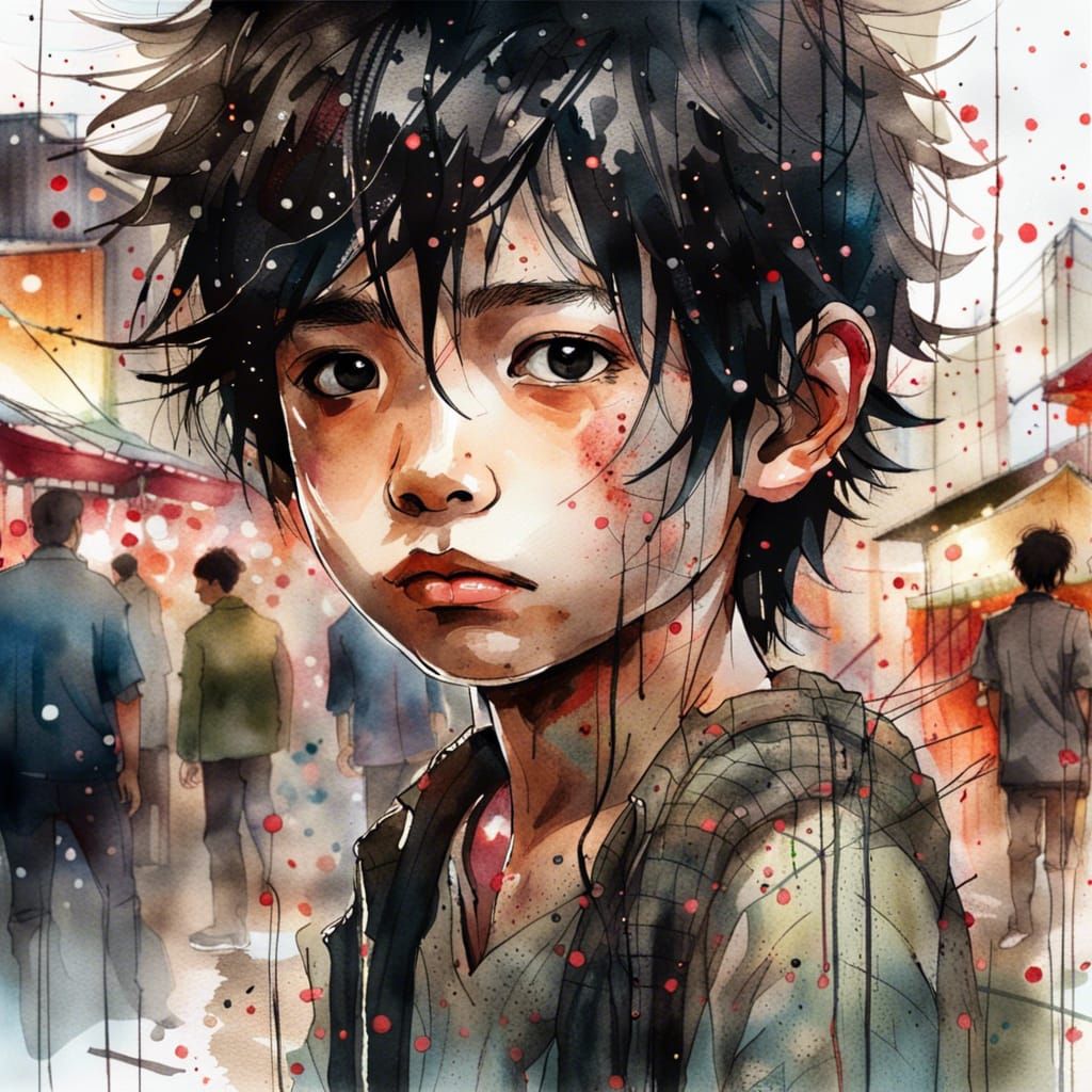 Japanese Boy in Bustling Market: Watercolor Illustration