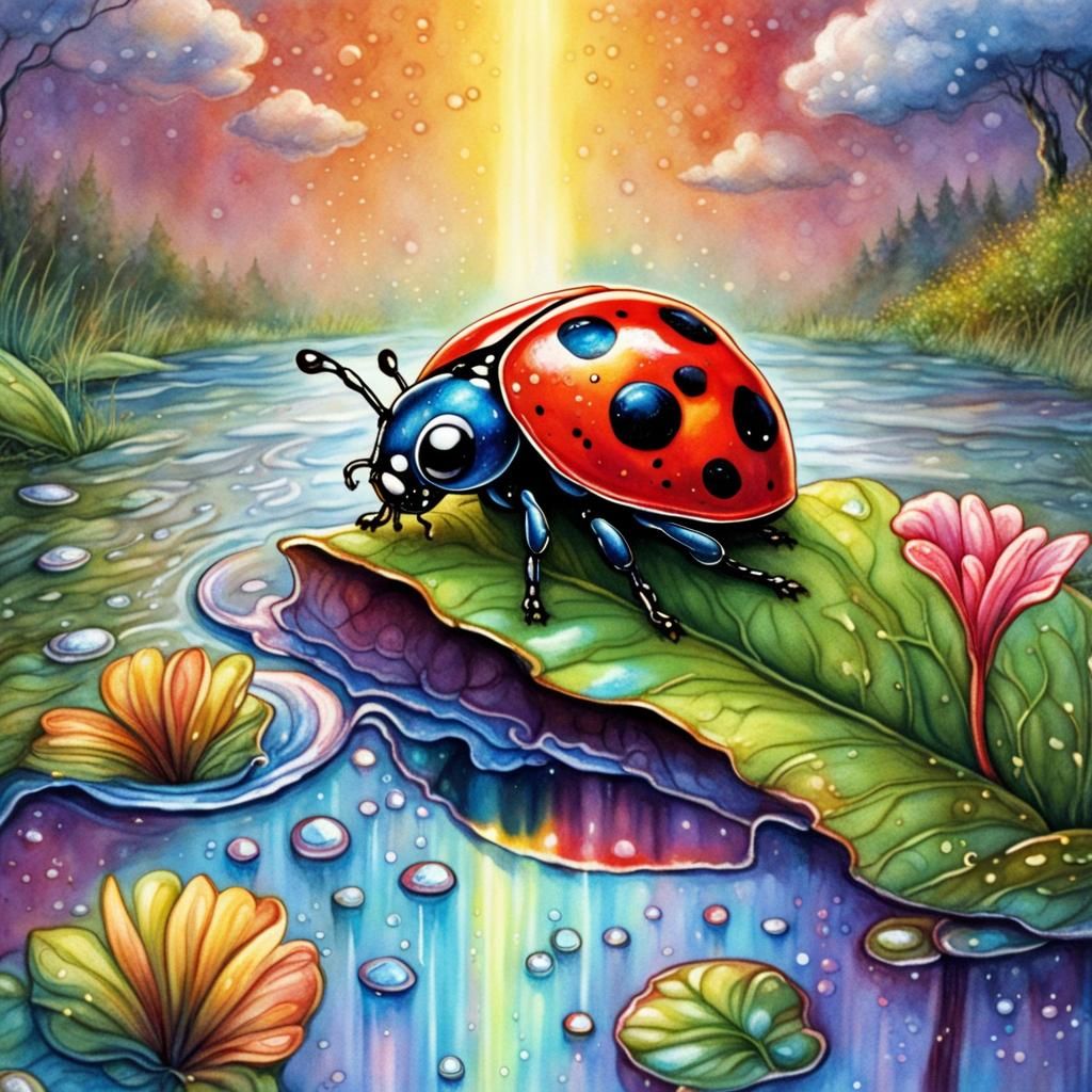 Ladybug Sipping Under Rainbow Sky, Fairycore Illustration