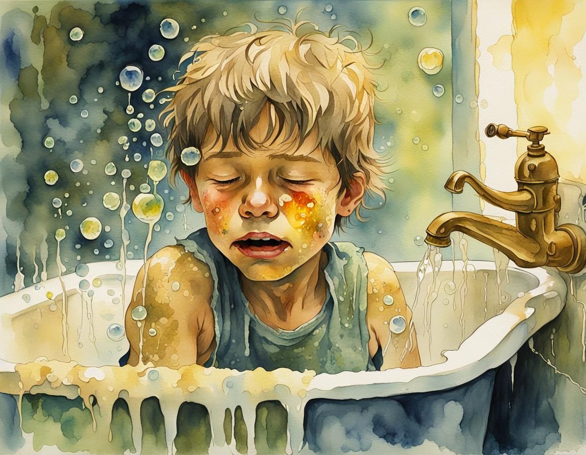 Crying Boy in Bubble Bath: Whimsical Watercolor