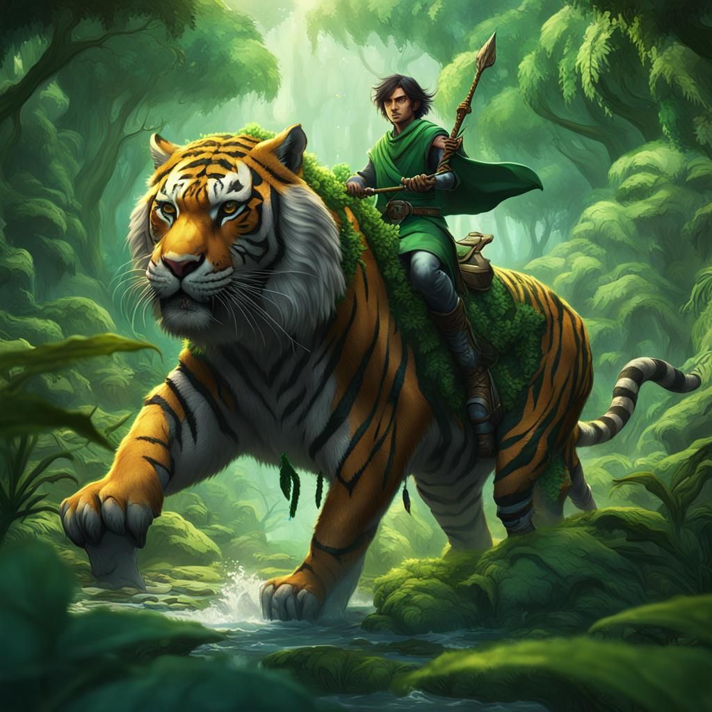Green Mage on Tiger: Fantasy Concept Art