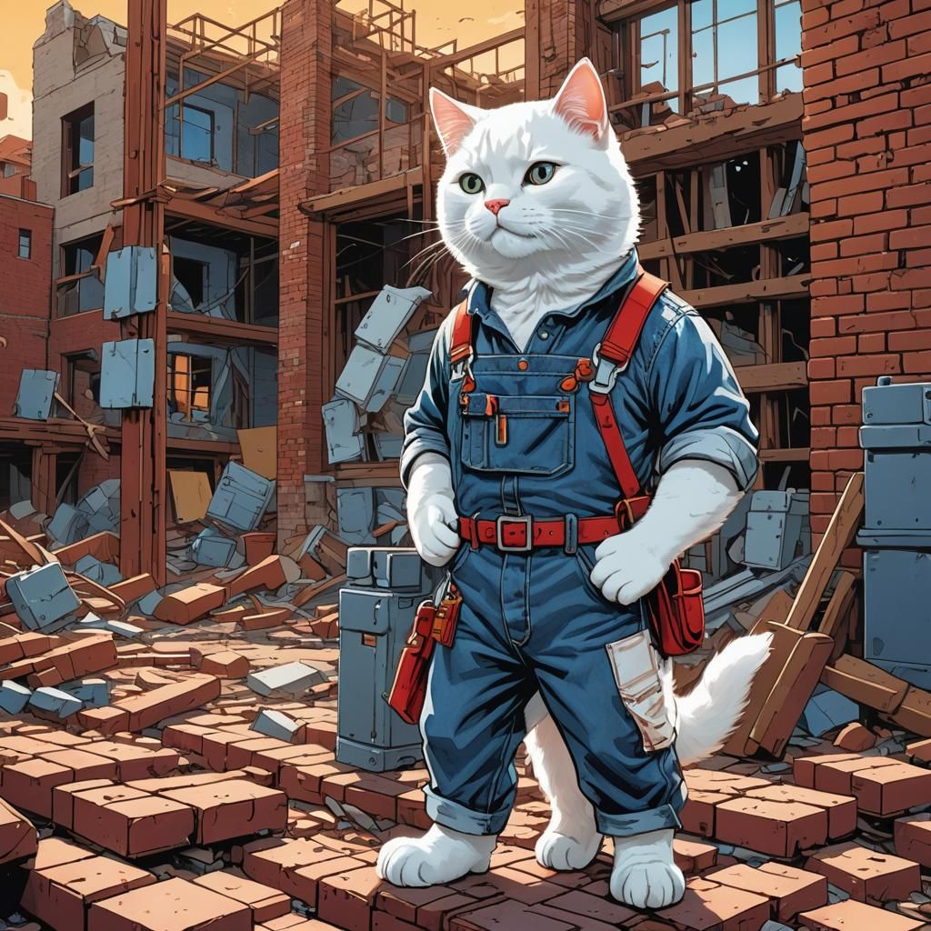Cat Construction Worker in Comic Book Art Style